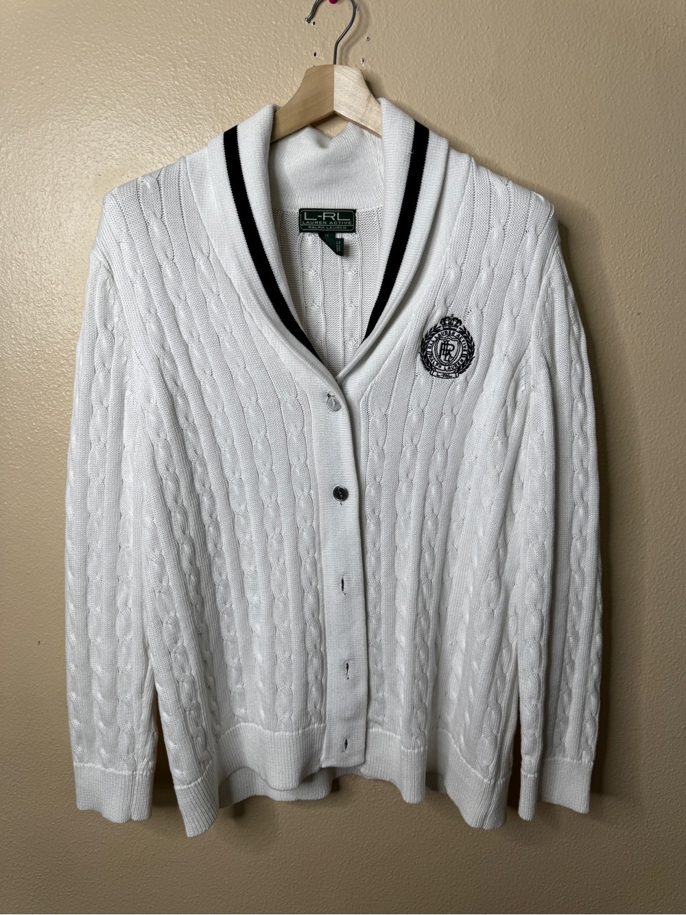 Lauren Ralph Lauren Womens 1X Cardigan White Cotton Cable Knit Shawl Collar